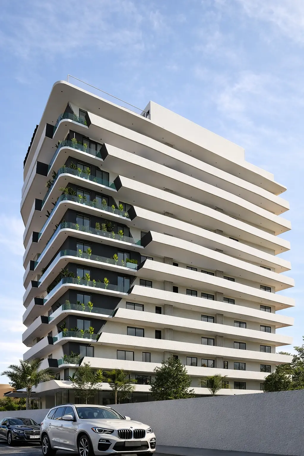 Exterior architecture of Prime Accra with planted balconies, Airport Residential Area, Accra