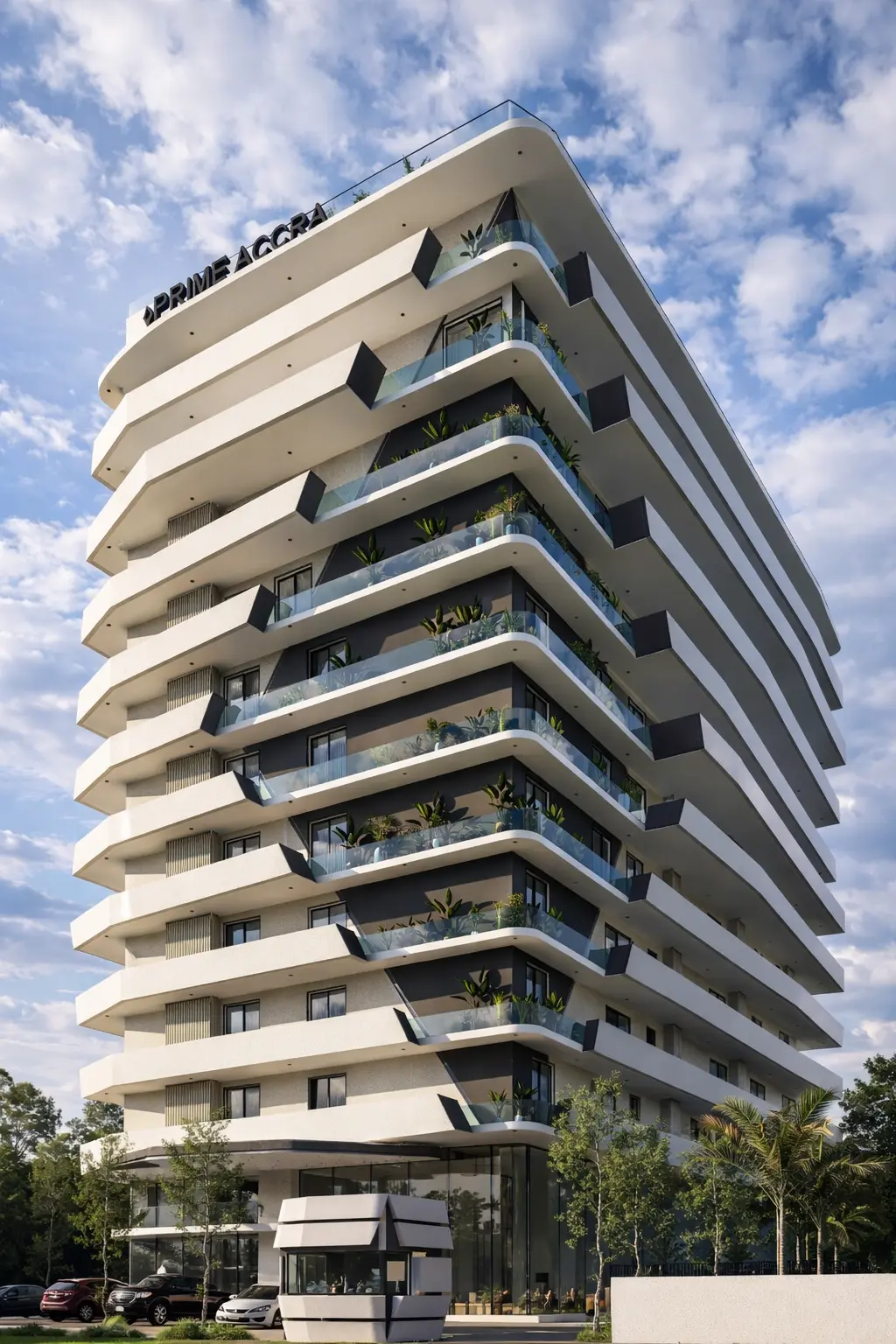 Prime Accra tower with signage, viewed from street level, Airport Residential Area, Accra