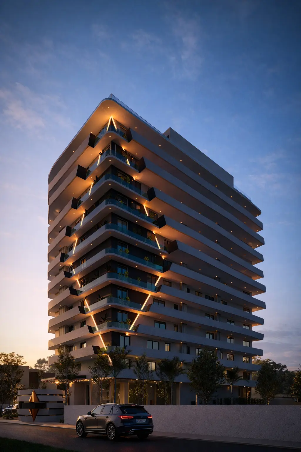 Prime Accra at dusk with illuminated facade, Airport Residential Area, Accra