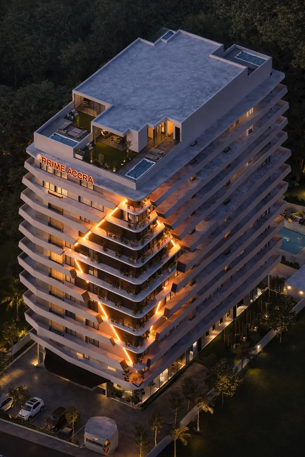Aerial night view of Prime Accra with lit facade and rooftop, Airport Residential Area, Accra