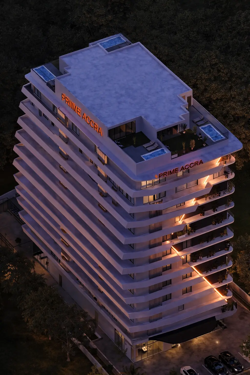 Aerial evening view of Prime Accra, Airport Residential Area, Accra