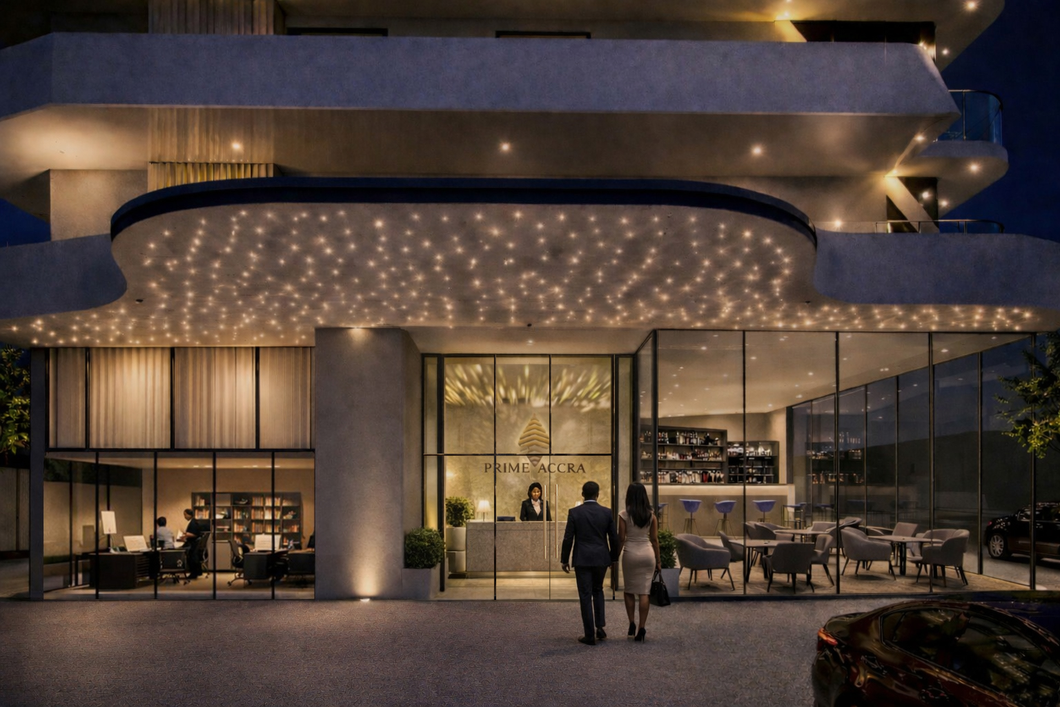 Evening view of the Prime Accra entrance, with the curved lit canopy, glass lobby and Prime Accra signage, Airport Residential Area, Accra